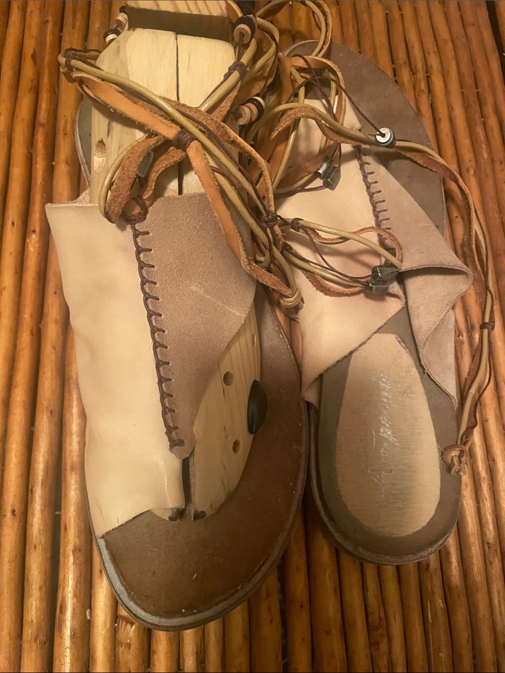 Free People Sandal with beaded ties two toned leather